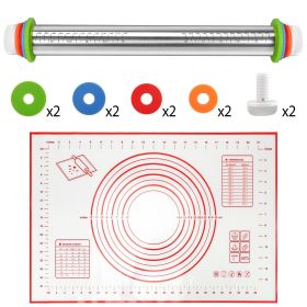 Dough Rolling Pin Dough Roller Stainless Steel Rolling Pins with 4 Removable Adjustable Thickness Rings and Rolling Mat (Color: Red)